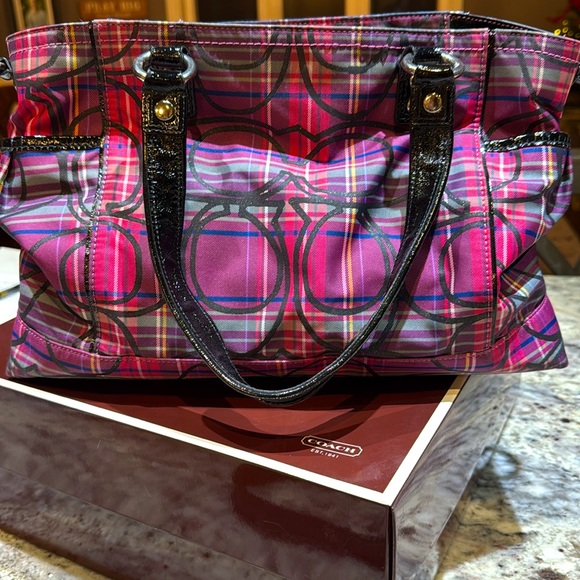 Coach -Like New! Pink black plaid purse:bag in original box! - Picture 4 of 9